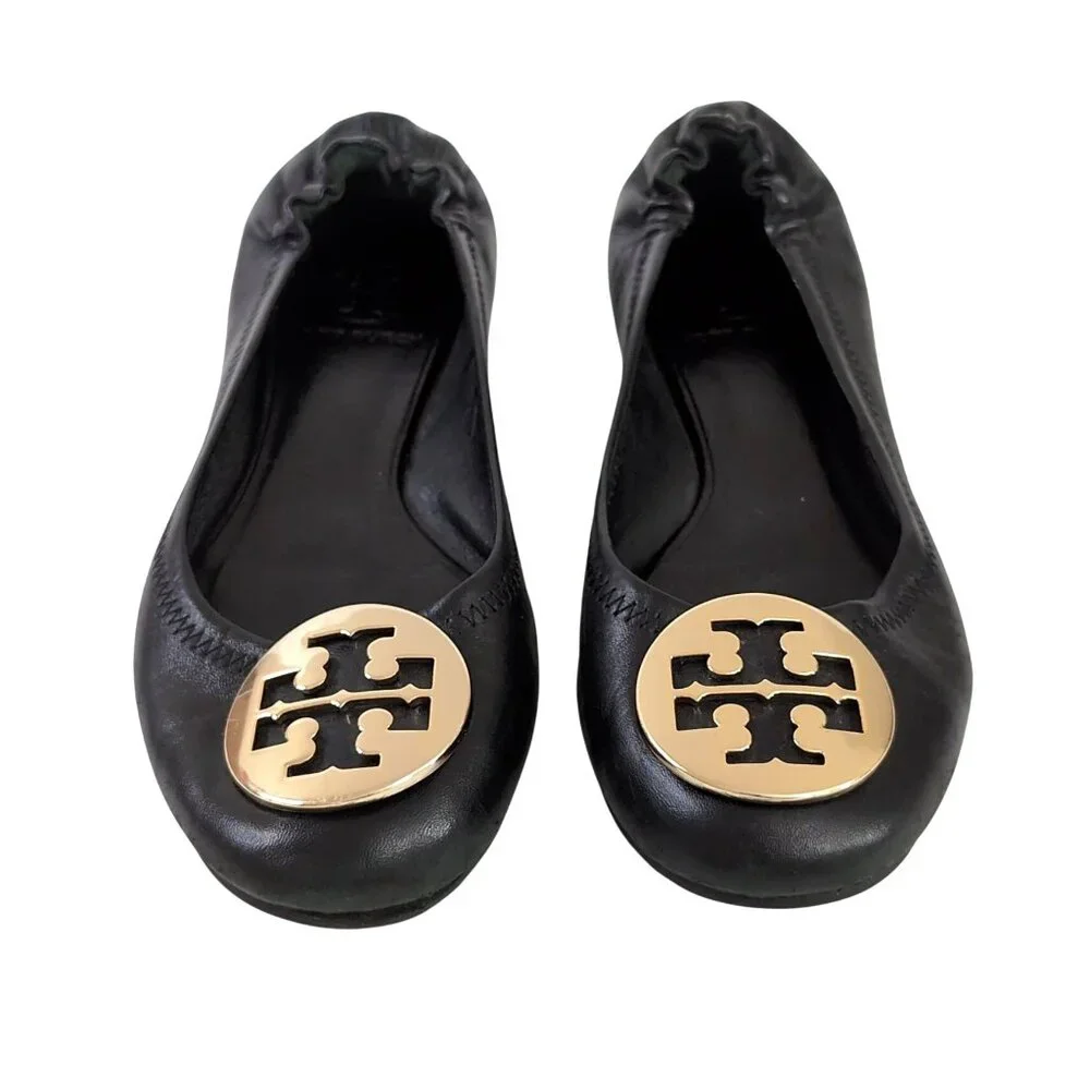 Tory Burch Reva Ballet Flats Shoe Womens 6 Black Slip On Metal Logo Travel Prepp